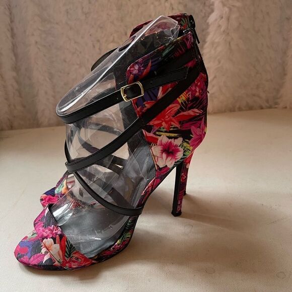 Qupid satin multi color floral open toe ankle straps sandals  Sz10. - Picture 1 of 10